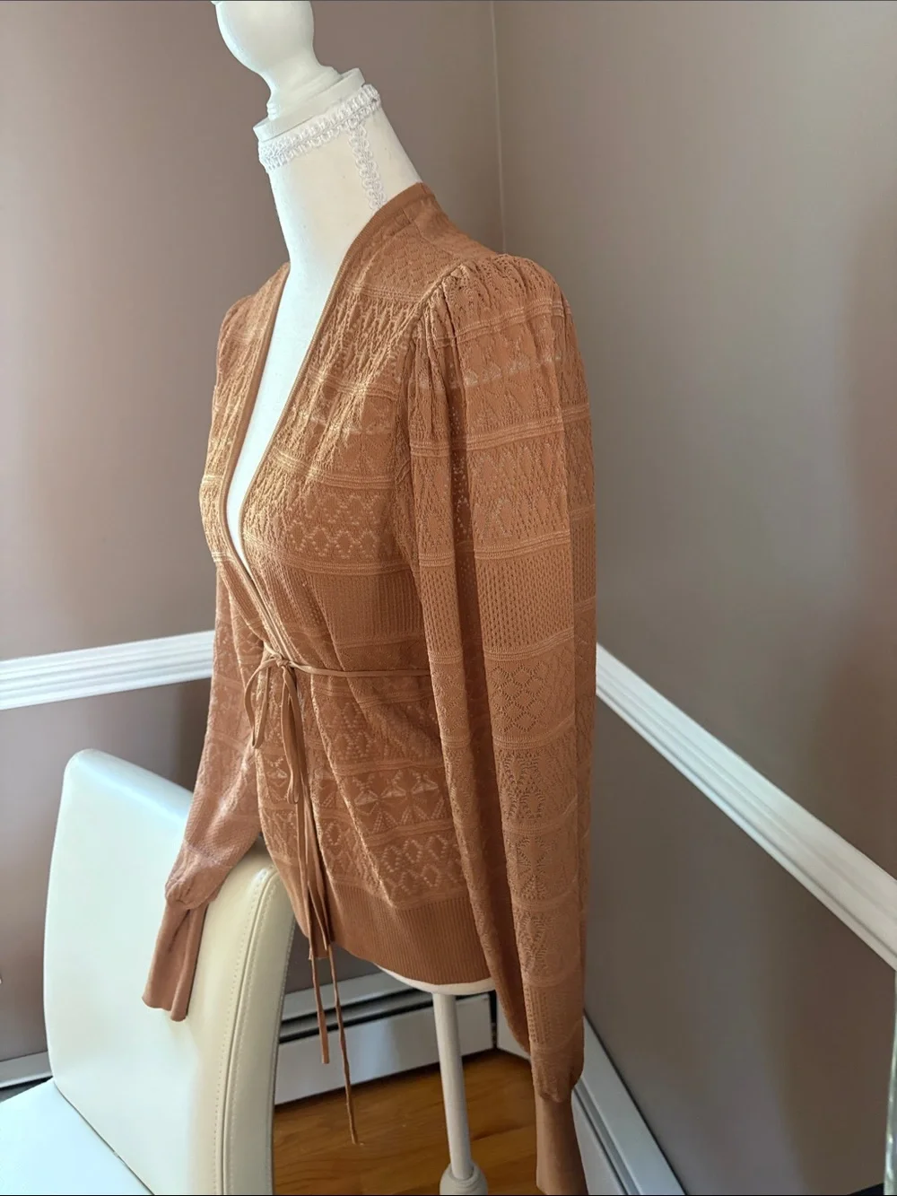 Express Textured Tie-Waist Cardigan in Camel